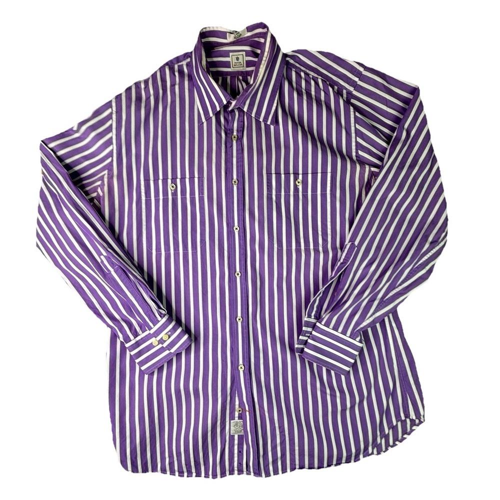 Peter Millar Men's Shirt‎ Large Long Sleeve 100% Cotton Purple Striped w/ Pocket
